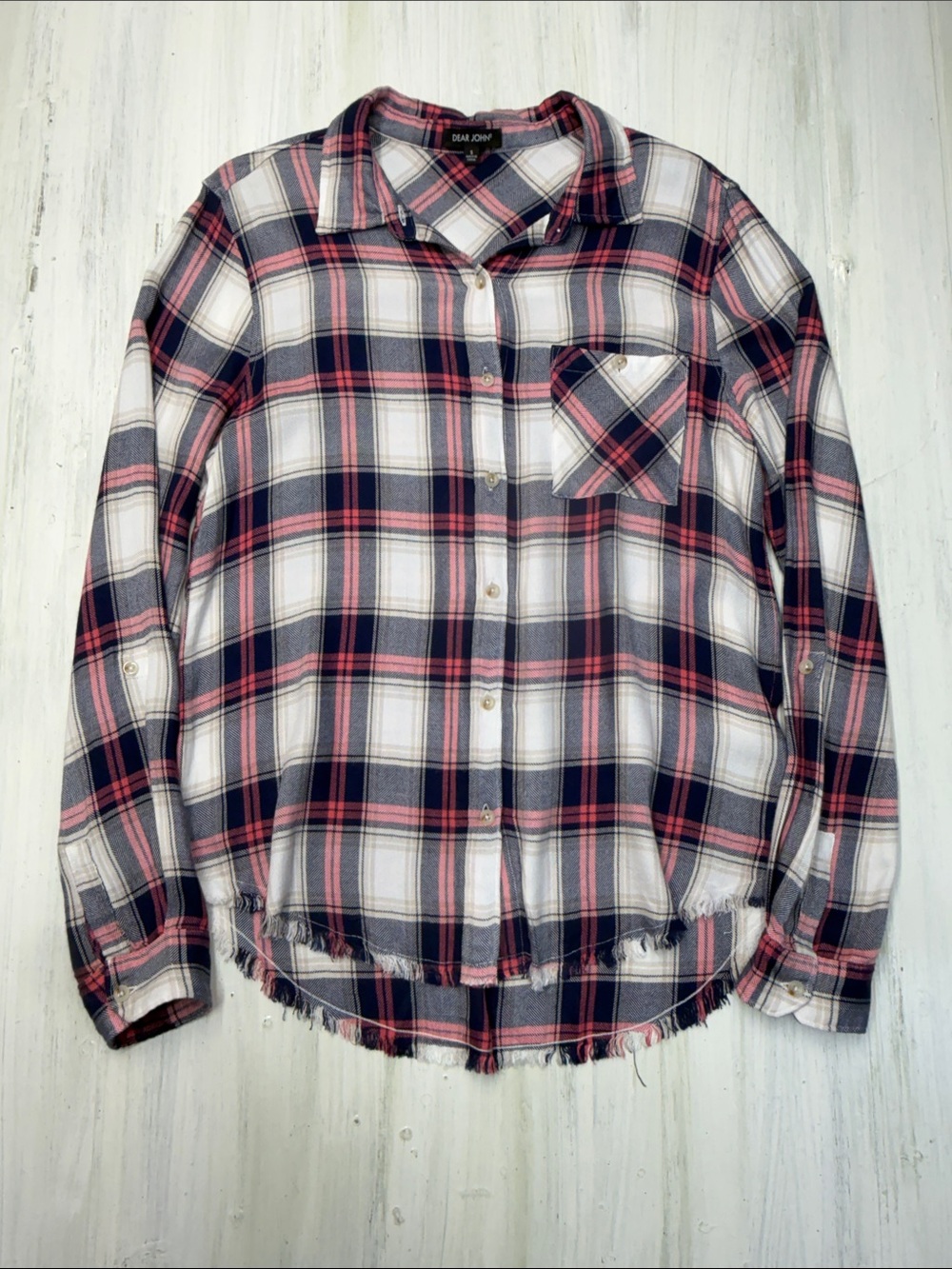 Dear John Denim Plaid Frayed Hem Roll-Tab Button Up Shirt Sz S